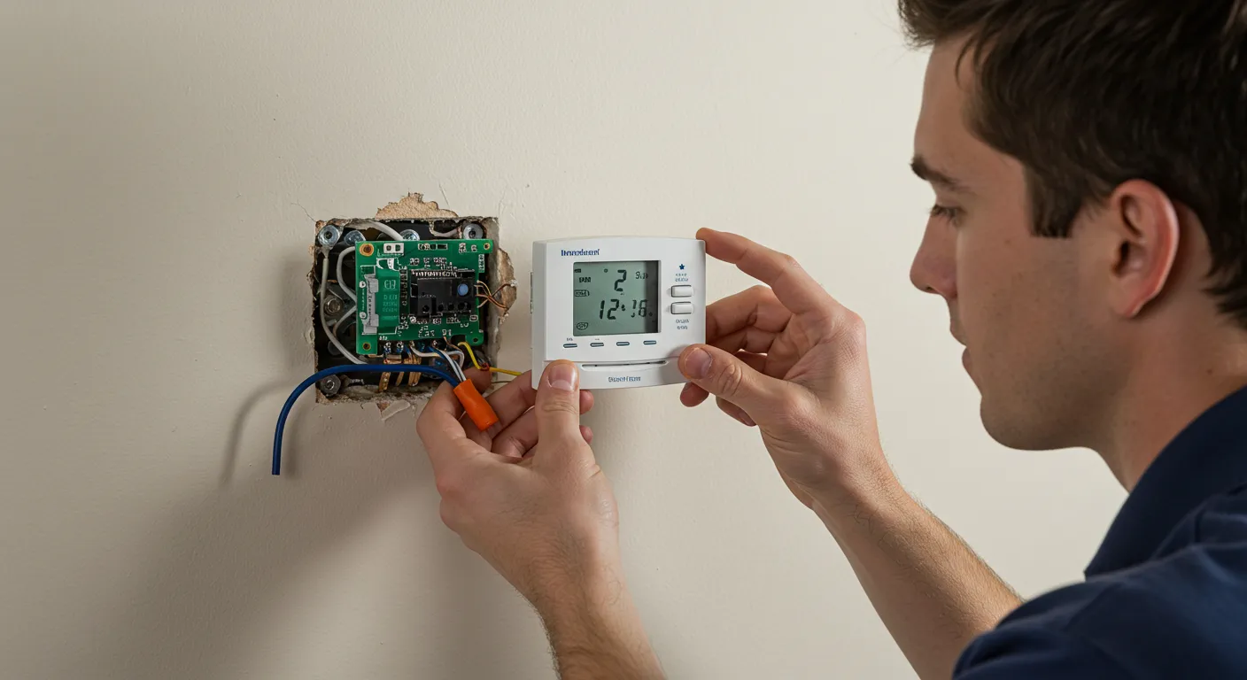 A white male technician in a dark blue shirt is installing a white digital thermostat with a small screen onto a light-colored wall. He holds the thermostat faceplate with both hands, connecting an orange wire connector to a blue wire coming out of the wall.