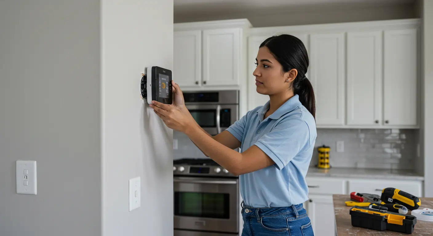 A young female technician in a light blue polo shirt and jeans installs a modern black digital thermostat onto a light gray wall. Her tool bag is visible on a kitchen counter behind her, next to white cabinets and stainless steel appliances.