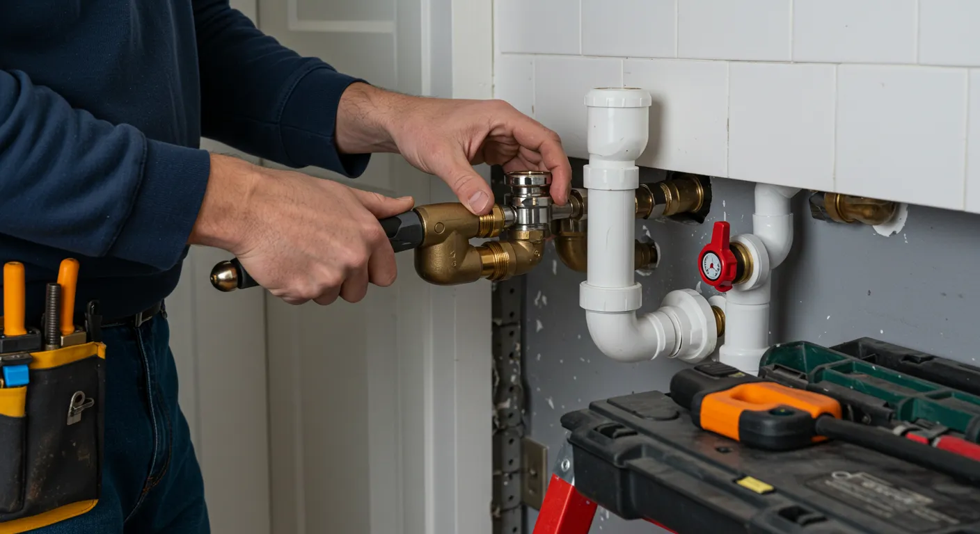 Plumber's hands installing a brass valve onto white PVC pipes on a tiled wall.