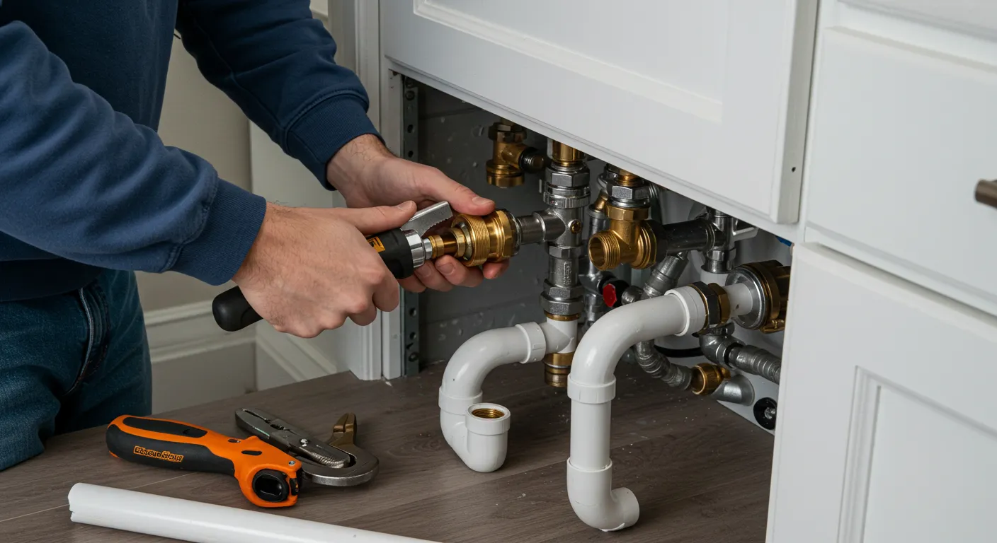 Plumber's hands connecting brass fittings to a complex network of sink pipes.