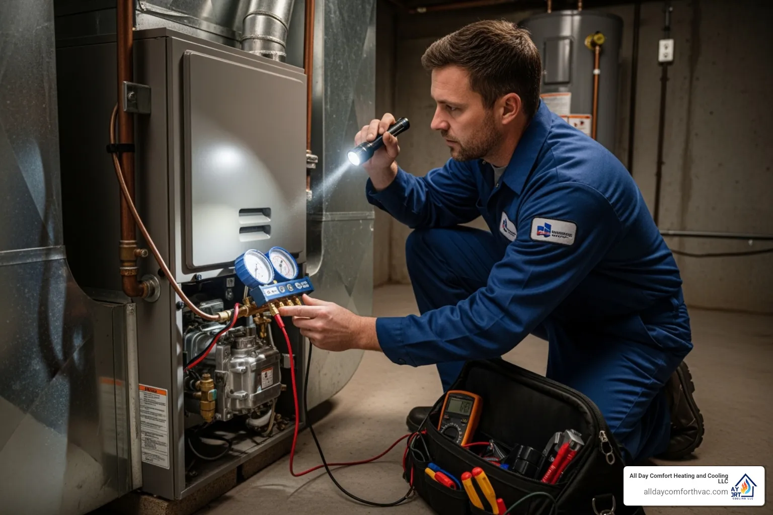 of a professional technician diagnosing a furnace - furnace repair independence mo