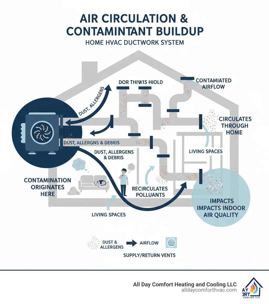 Detailed infographic showing how dust, allergens, and debris circulate through a home's HVAC ductwork system, with arrows indicating airflow patterns and contamination buildup in ducts, vents, and throughout living spaces - duct cleaning service independence infographic