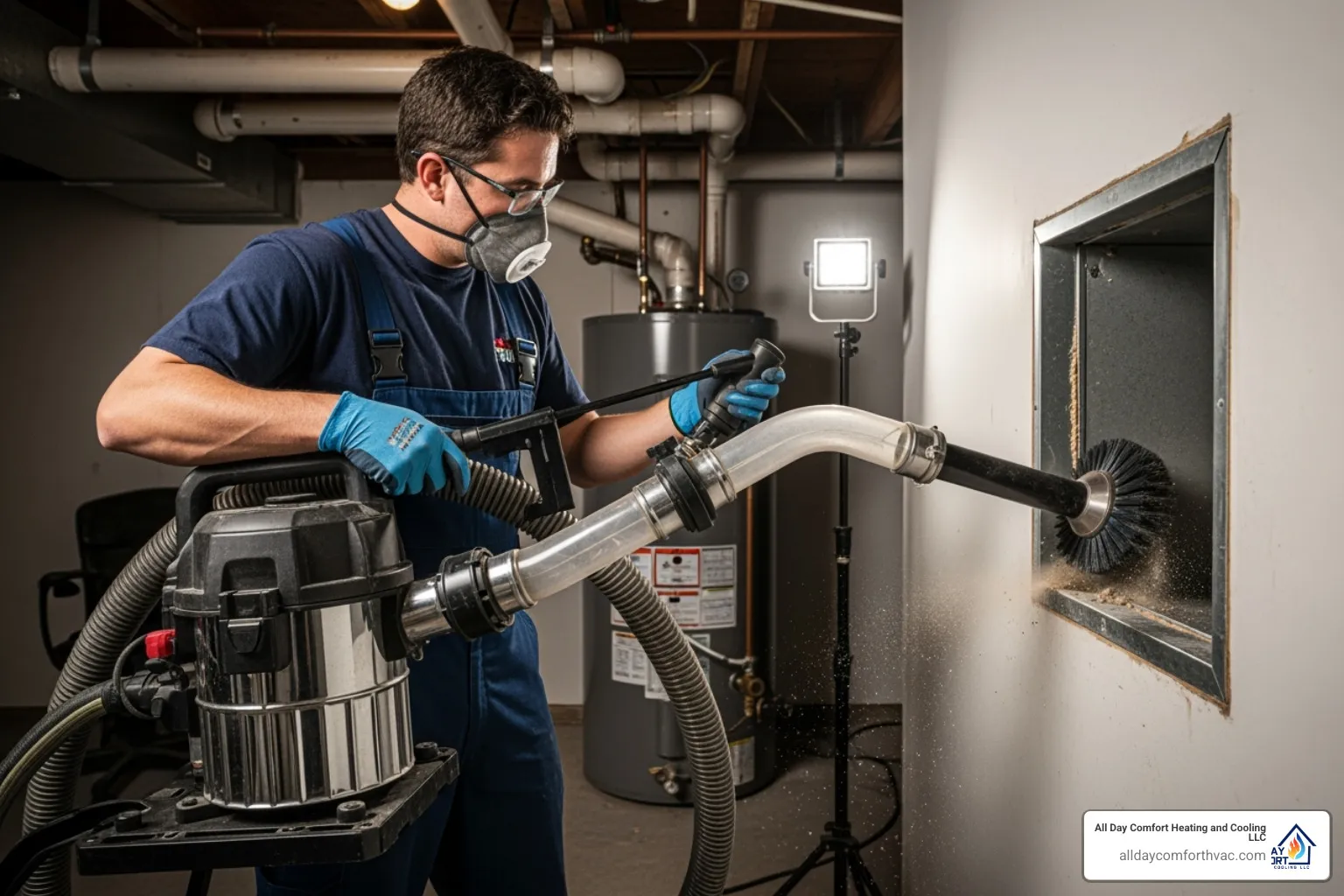 Professional duct cleaning equipment in use, with a technician operating a powerful vacuum and specialized tools to clean the interior of air ducts - duct cleaning service independence