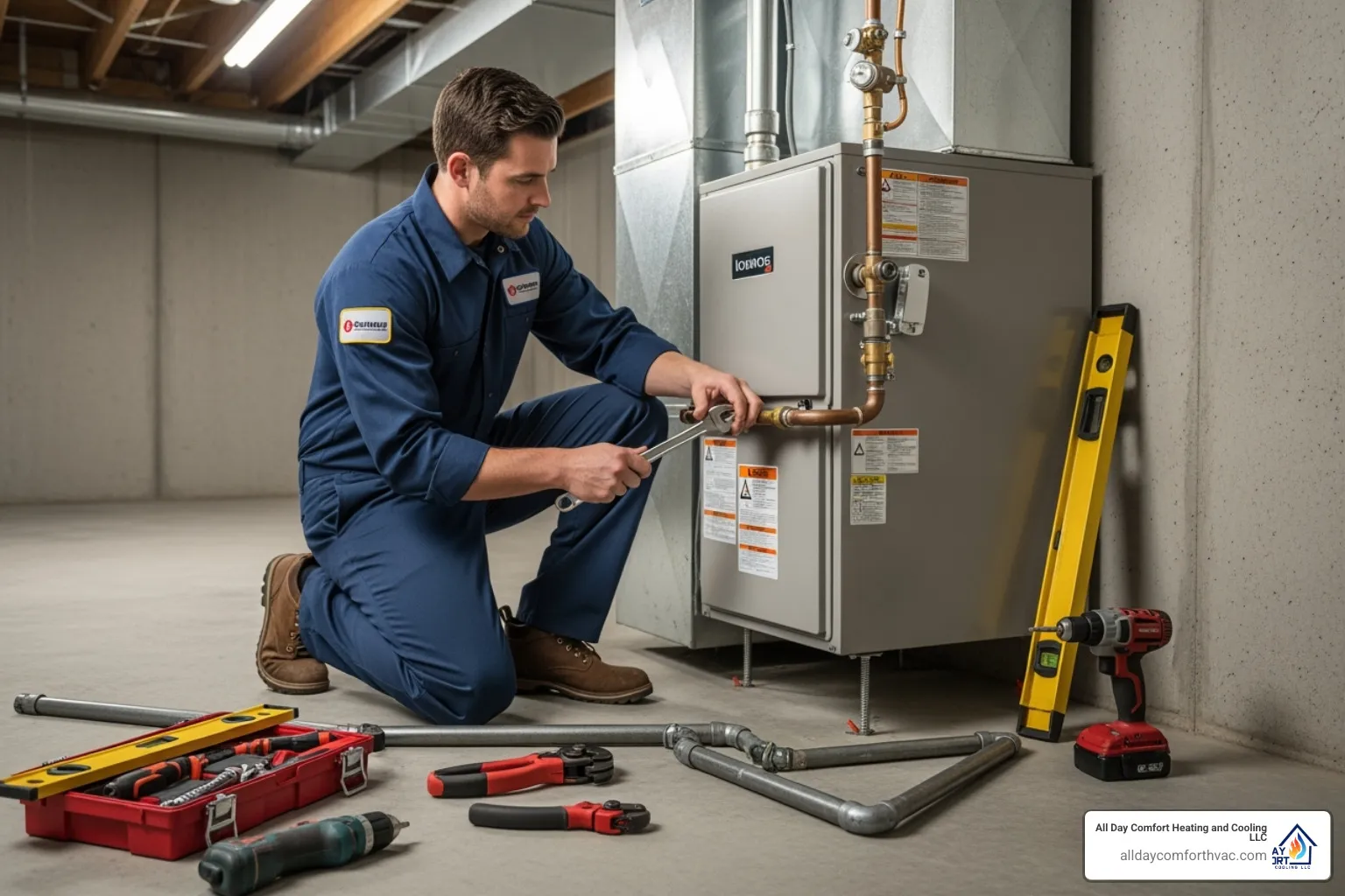 Professional technician performing a furnace installation, carefully connecting pipes - affordable furnace installation lee's summit