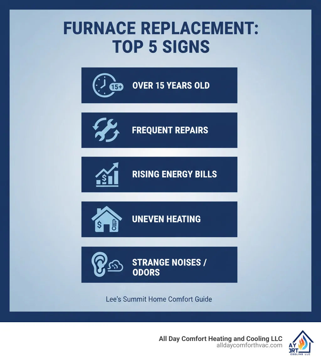 Infographic showing top 5 signs for furnace replacement: furnace over 15 years old, frequent repair calls, rising energy bills, uneven heating throughout home, and strange noises or odors from system - affordable furnace installation lee's summit infographic 