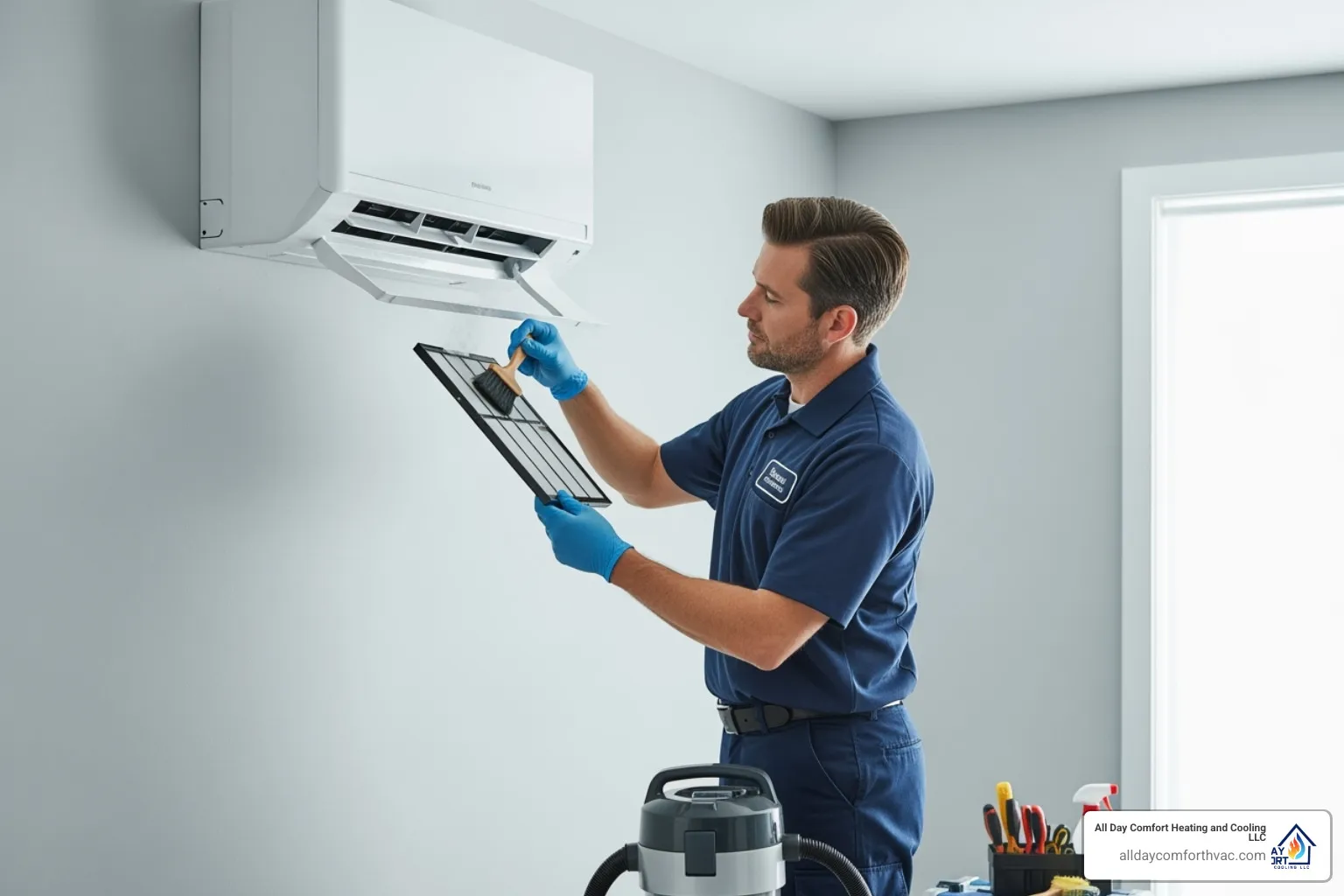 A professional HVAC technician wearing a uniform and gloves is diligently cleaning the filter of an indoor ductless mini-split unit. The unit is mounted on a wall in a clean, modern room, highlighting the importance of regular maintenance. - ductless heat pump install blue springs mo