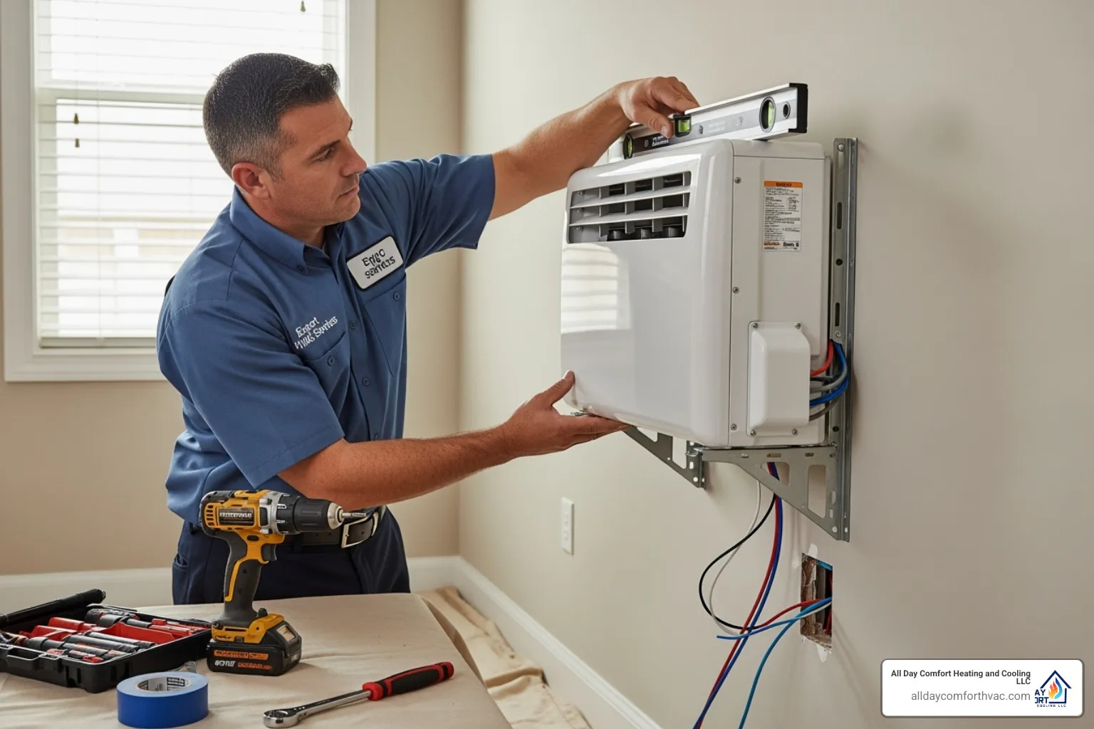 A professional HVAC technician is shown carefully installing an indoor ductless mini-split unit onto a wall inside a residential home. The technician wears a uniform and is focused on ensuring the unit is level and securely mounted, with tools visible nearby. - ductless heat pump install blue springs mo
