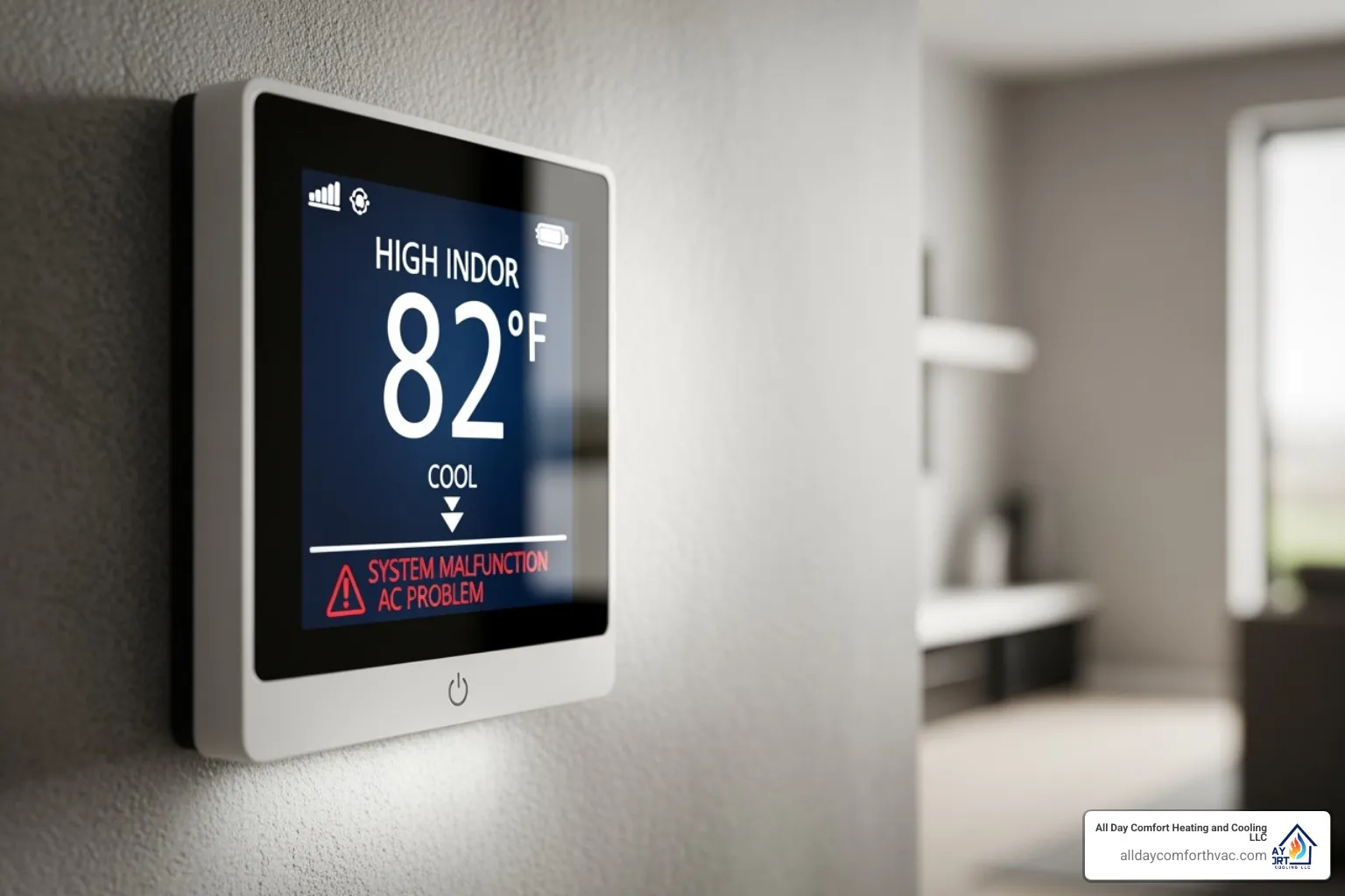 A thermostat displaying a high indoor temperature despite the AC running - 24 hour ac repair kansas city mo