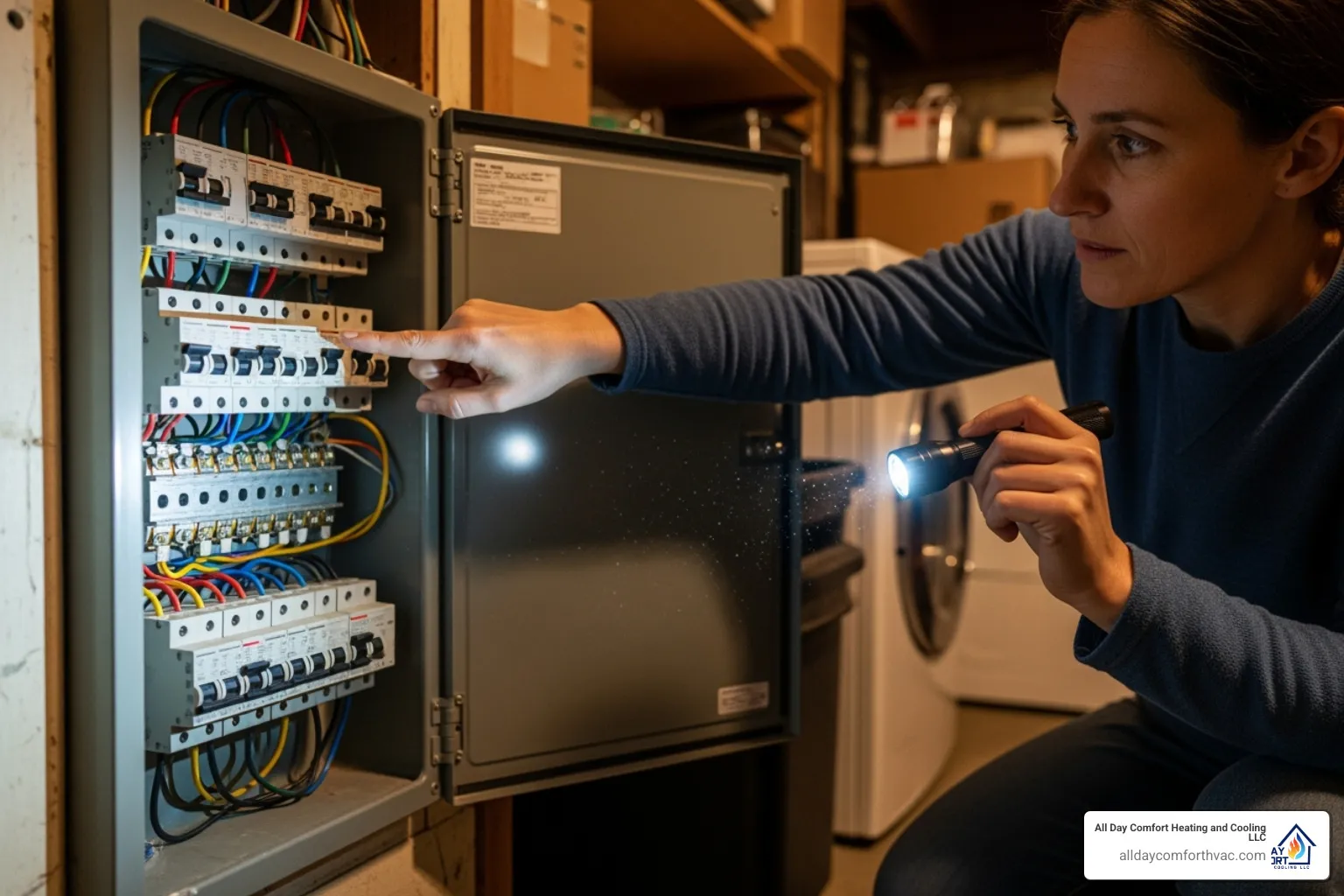 A homeowner checking their circuit breaker panel - 24 hour ac repair kansas city mo