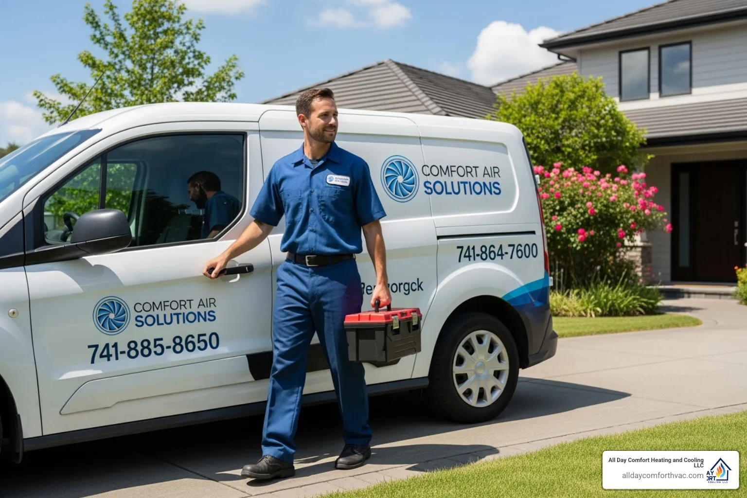 A professional HVAC technician arriving in a company van - 24 hour ac repair kansas city mo