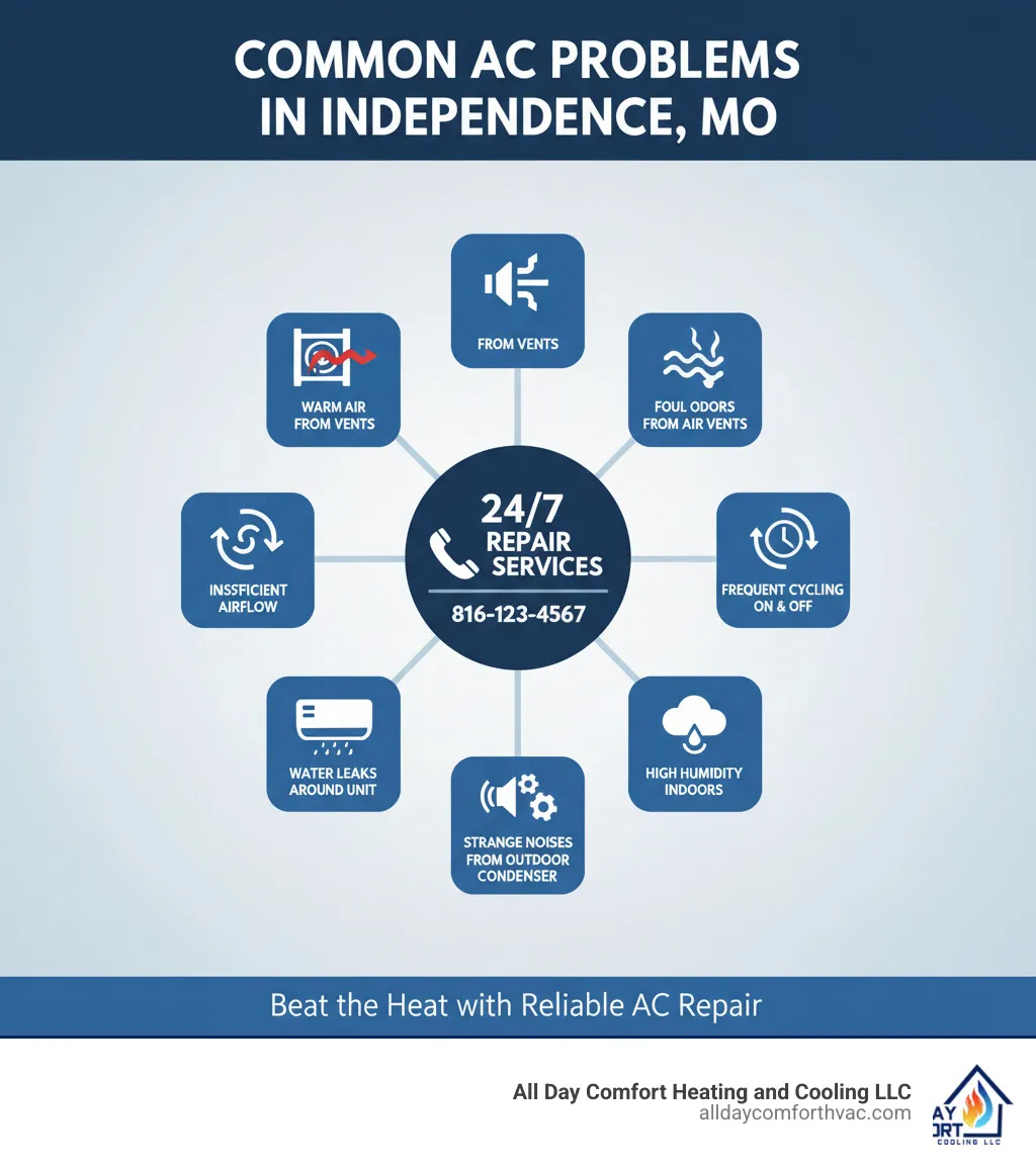 Comprehensive infographic showing common AC problems in Independence MO including warm air from vents, insufficient airflow, water leaks around unit, strange noises from outdoor condenser, high humidity indoors, foul odors from air vents, frequent cycling on and off, and emergency contact information for 24/7 repair services - ac repair independence mo infographic 