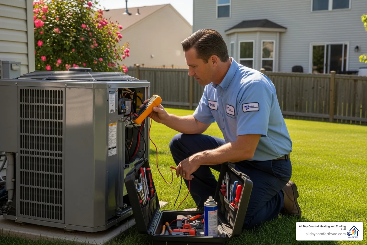 Technician servicing an outdoor AC unit - ac repair independence mo