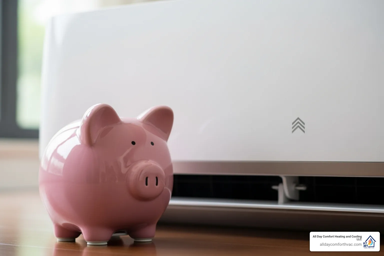 Piggy bank next to an energy-efficient AC unit logo - ac installation independence mo