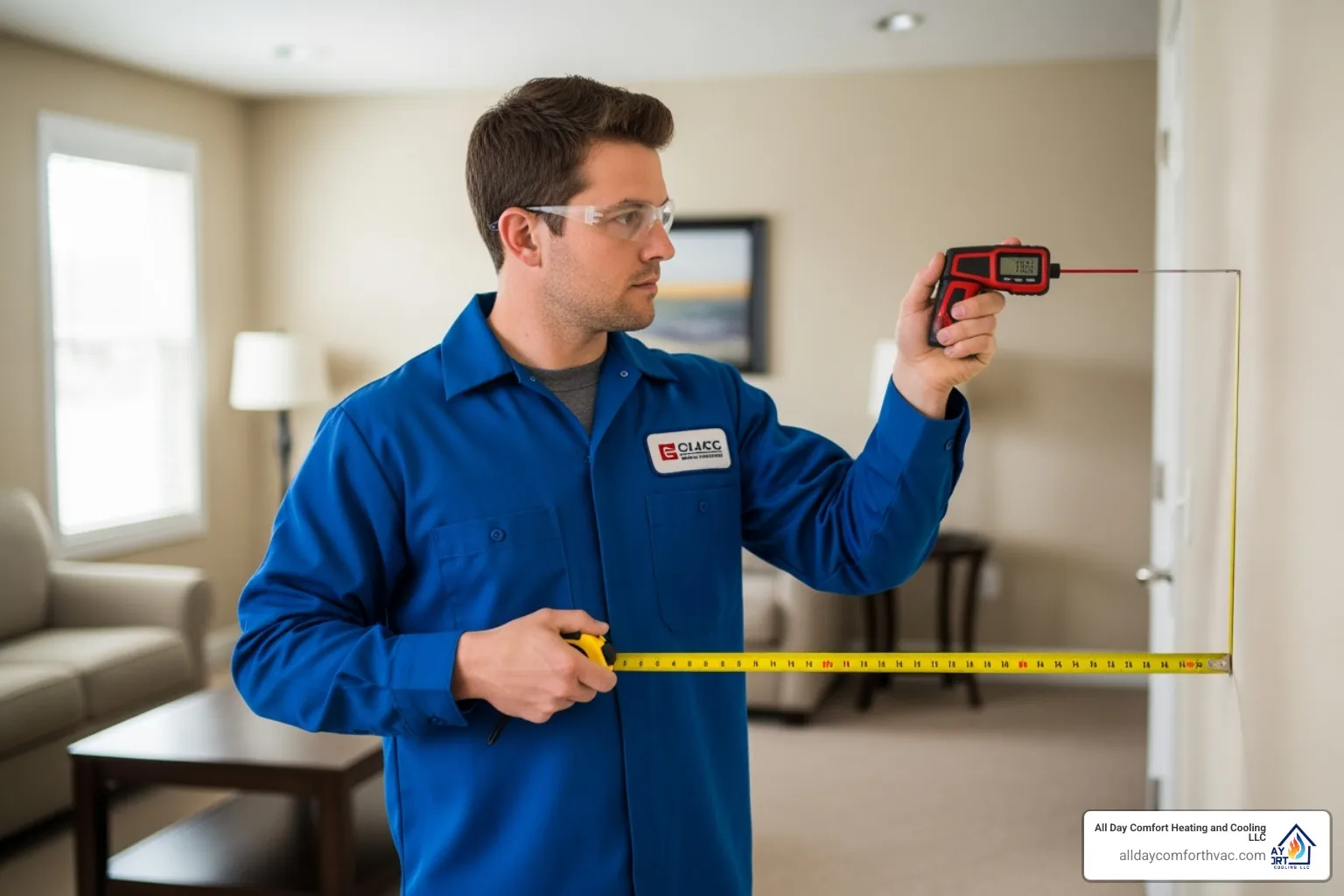 Technician measuring a room for AC sizing - ac installation independence mo