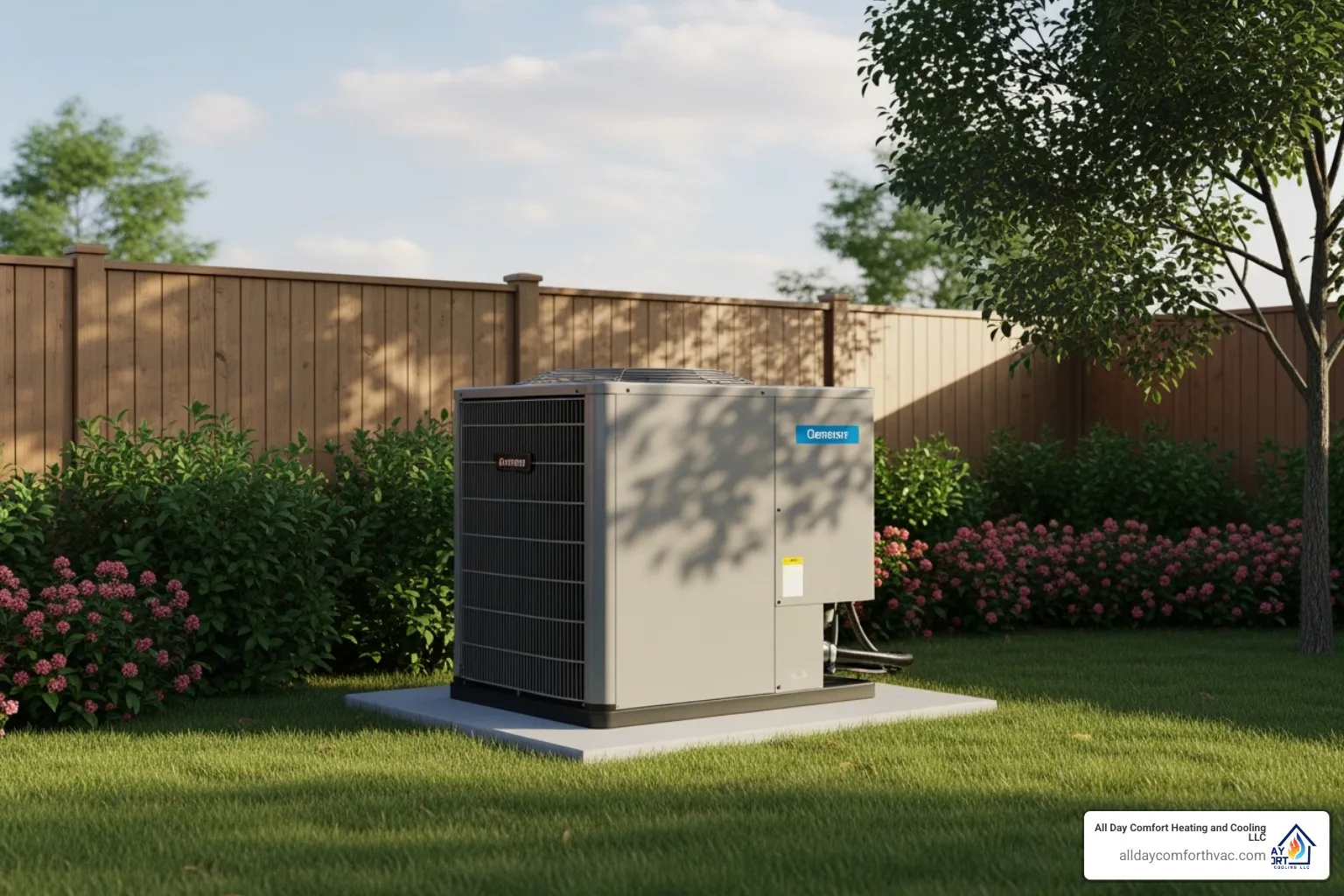 A modern, energy-efficient outdoor AC unit nestled in a residential backyard - ac maintenance independence mo