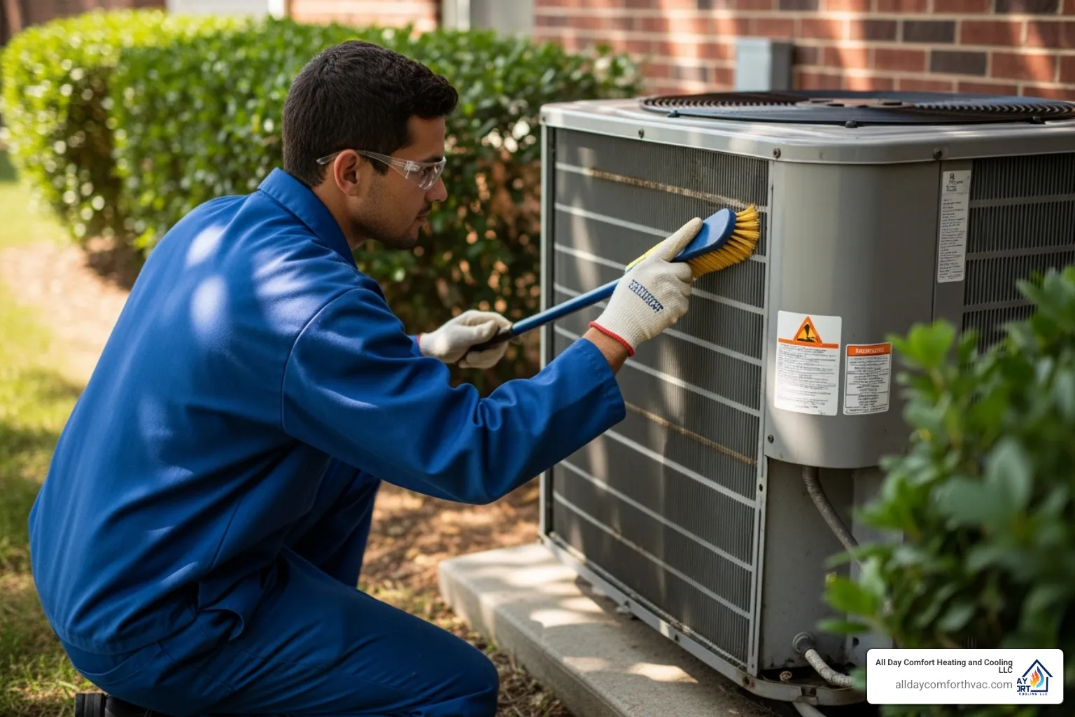 A skilled HVAC technician cleaning an AC condenser coil with a brush, ensuring optimal airflow and efficiency - ac maintenance independence mo