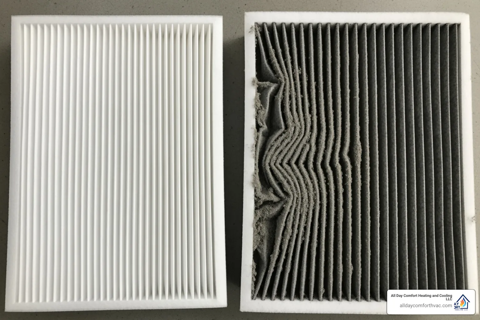 a clean HVAC air filter next to a dirty one - heater maintenance and repair kansas city mo