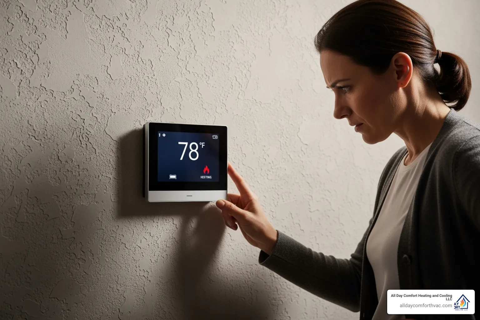 a homeowner looking concerned at their thermostat - heater maintenance and repair kansas city mo