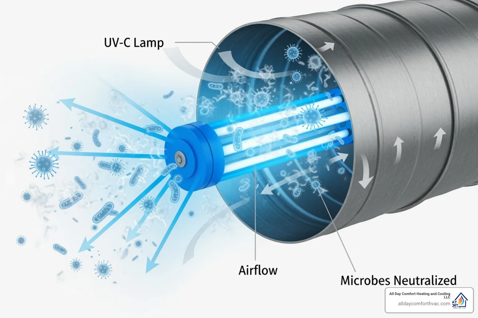 A graphic illustrating how a UV light air purifier works inside HVAC ductwork, showing UV-C light rays neutralizing bacteria and viruses as air passes through. - air purification system install kansas city