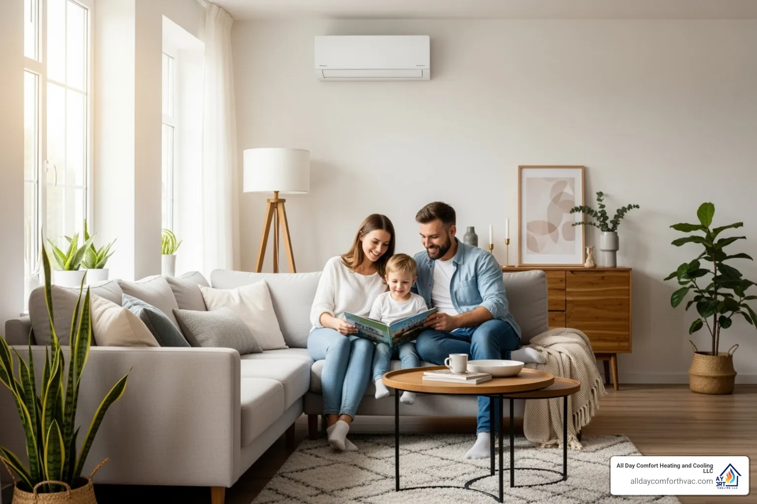 A happy family enjoying a comfortable, well-conditioned room with a sleek ductless unit subtly visible in the background. - ductless mini split heat pump repair independence