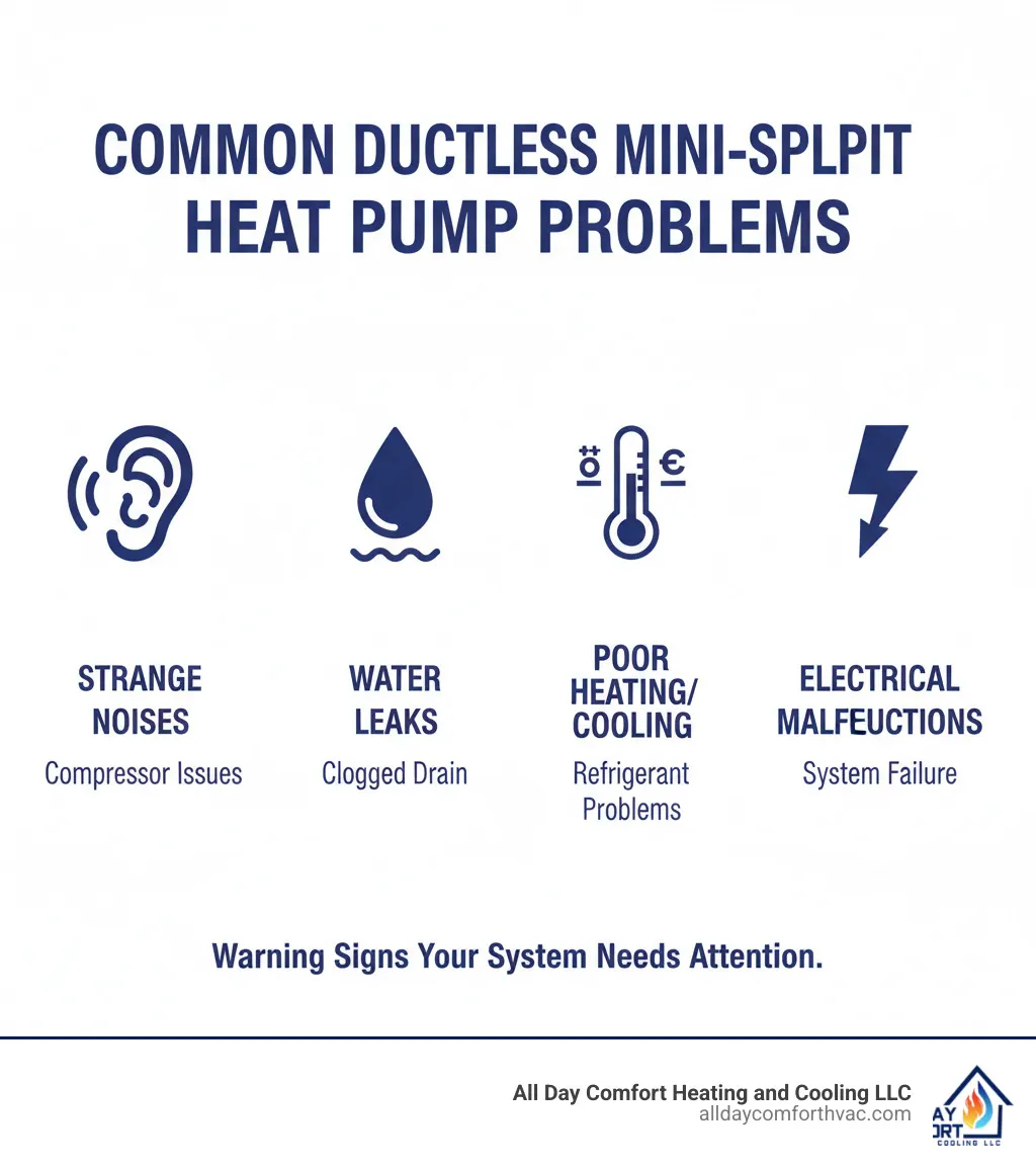 Infographic showing common ductless mini split heat pump problems and their warning signs, including strange noises from compressor issues, water leaks from clogged drains, poor heating/cooling from refrigerant problems, and electrical malfunctions causing system failures - ductless mini split heat pump repair independence infographic 