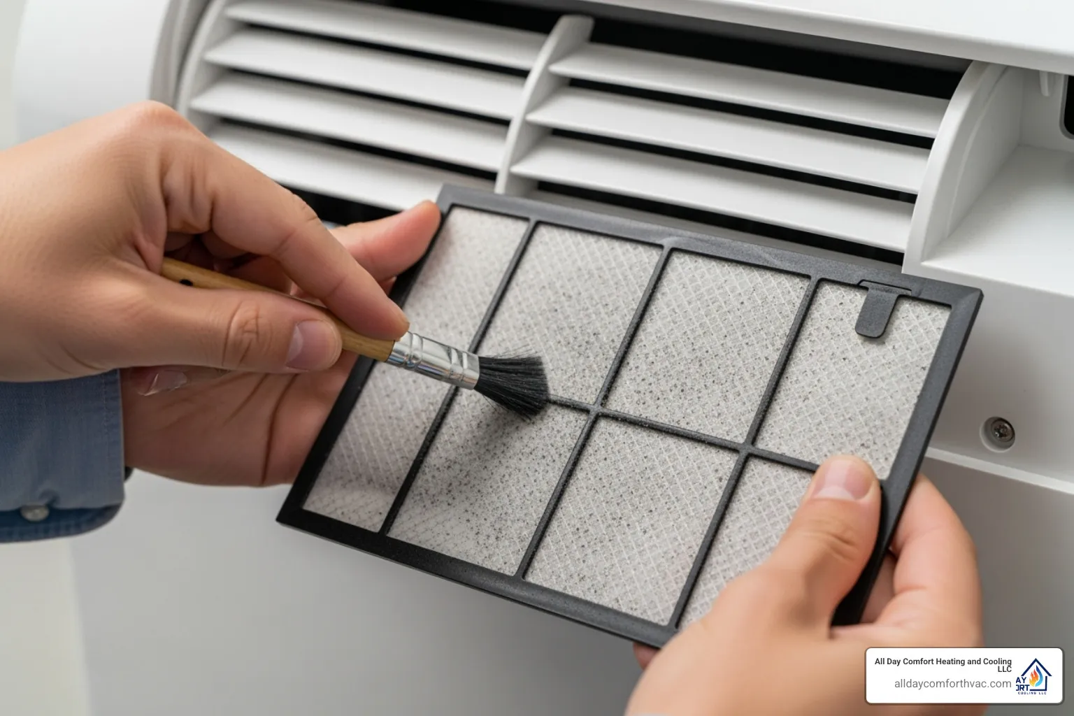 A person cleaning the filter of an indoor mini-split unit, demonstrating a simple DIY maintenance task. - ductless mini split heat pump repair independence