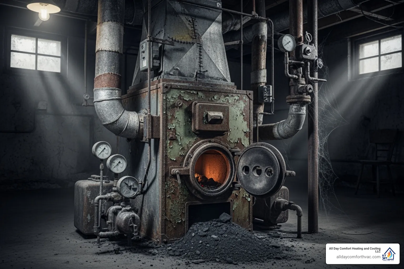 old, inefficient furnace in a basement - furnace installation independence mo