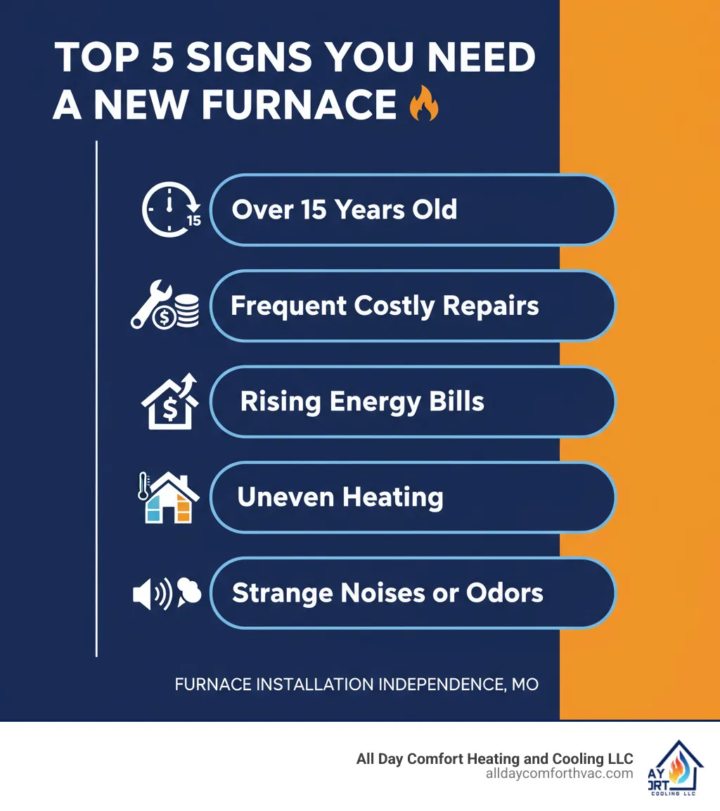 Infographic showing the top 5 signs you need a new furnace: furnace over 15 years old, frequent costly repairs, rising energy bills, uneven heating throughout home, and strange noises or odors from the unit - furnace installation independence mo infographic 