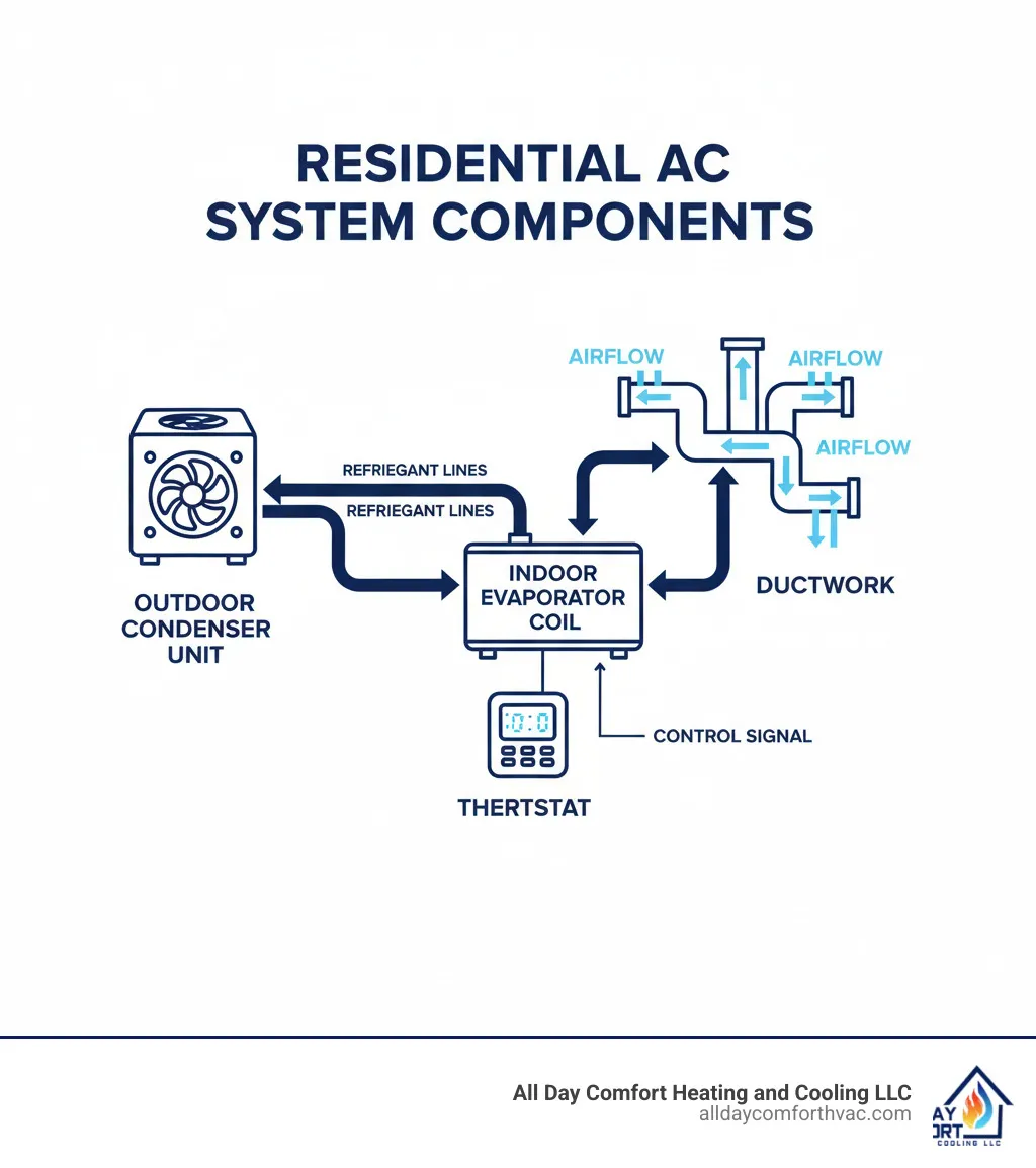 Infographic showing the main components of a residential AC system including outdoor condenser unit, indoor evaporator coil, refrigerant lines, thermostat, and ductwork with arrows indicating airflow and refrigerant circulation - professional ac repair lee's summit mo infographic