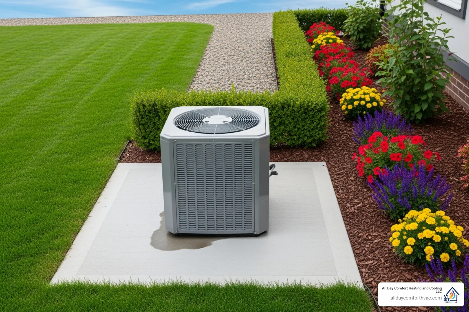 A clean outdoor AC unit sits on a concrete pad, surrounded by well-maintained landscaping, free of debris and showing signs of recent cleaning - professional ac repair lee's summit mo