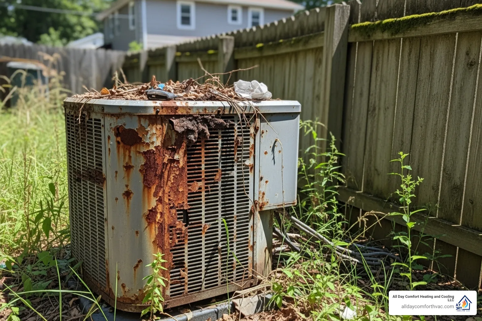 Old, worn-out outdoor AC unit with rust and debris - affordable ac installation lee's summit