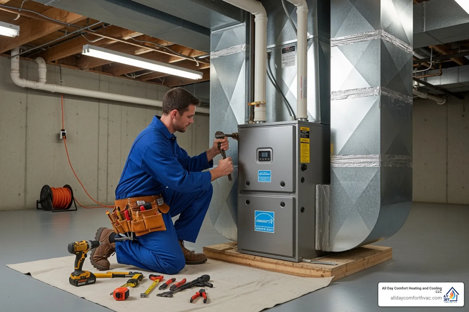 A home with a new, energy-efficient furnace being installed - residential heating repair raytown mo