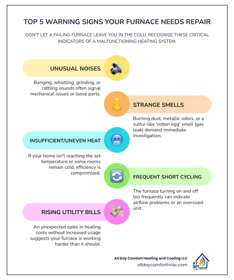 Infographic showing the top 5 warning signs that indicate a furnace needs professional repair: unusual noises like banging or rattling, strange burning or gas odors, insufficient or uneven heating throughout the home, frequent on-off cycling, and rising utility bills without increased usage - residential heating repair raytown mo infographic infographic-line-5-steps-colors