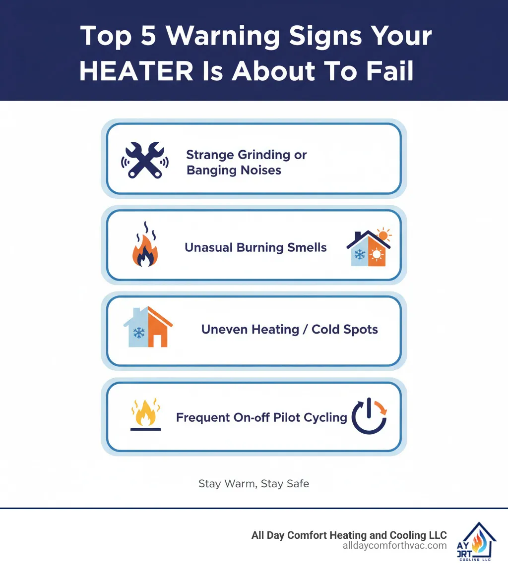 Infographic showing the top 5 warning signs your heater is about to fail: strange grinding or banging noises, unusual burning smells, uneven heating with cold spots throughout the home, yellow or flickering pilot light, and frequent on-off cycling - heater not working repair blue springs mo infographic