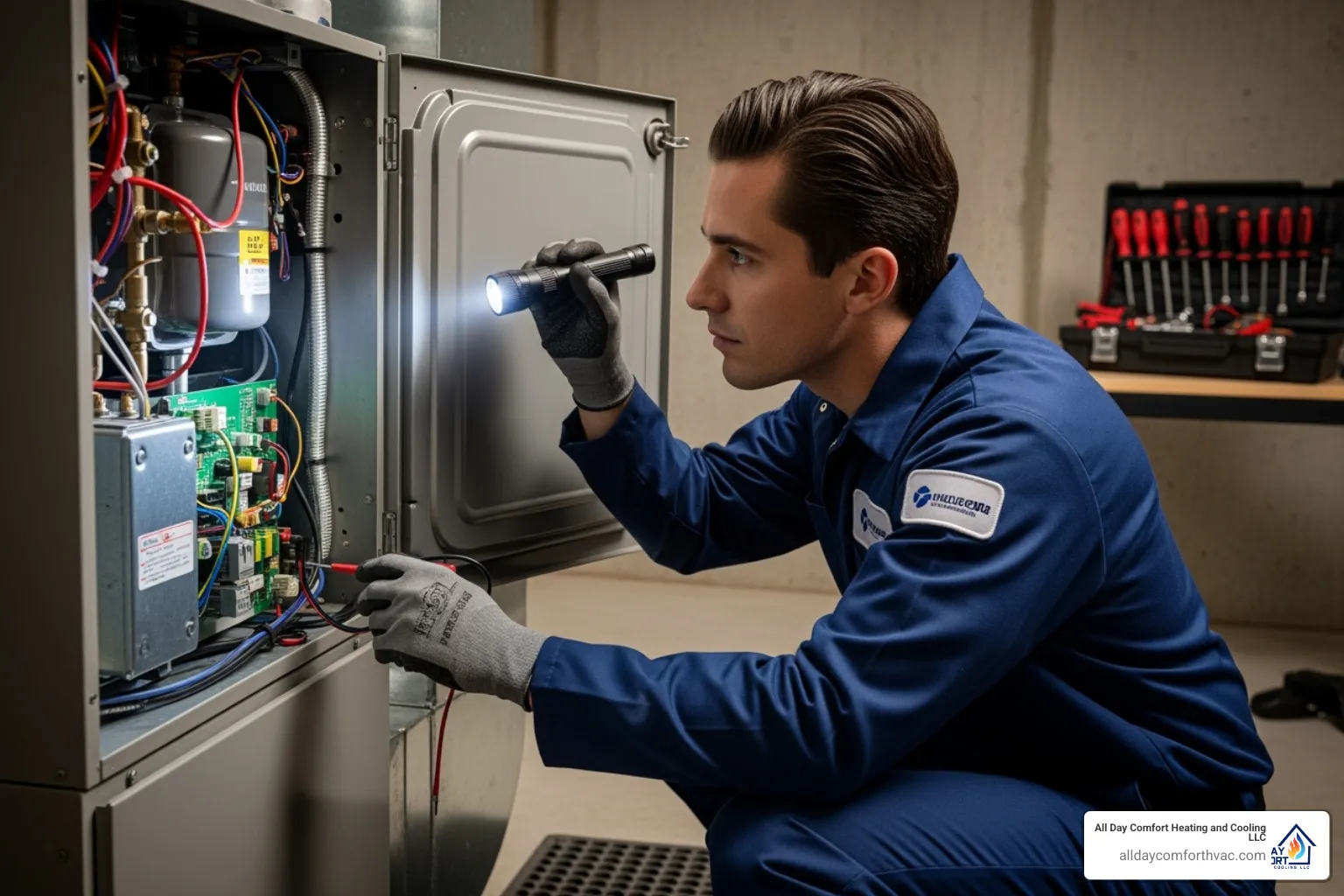A professional HVAC technician inspecting a furnace unit - heater not working repair blue springs mo