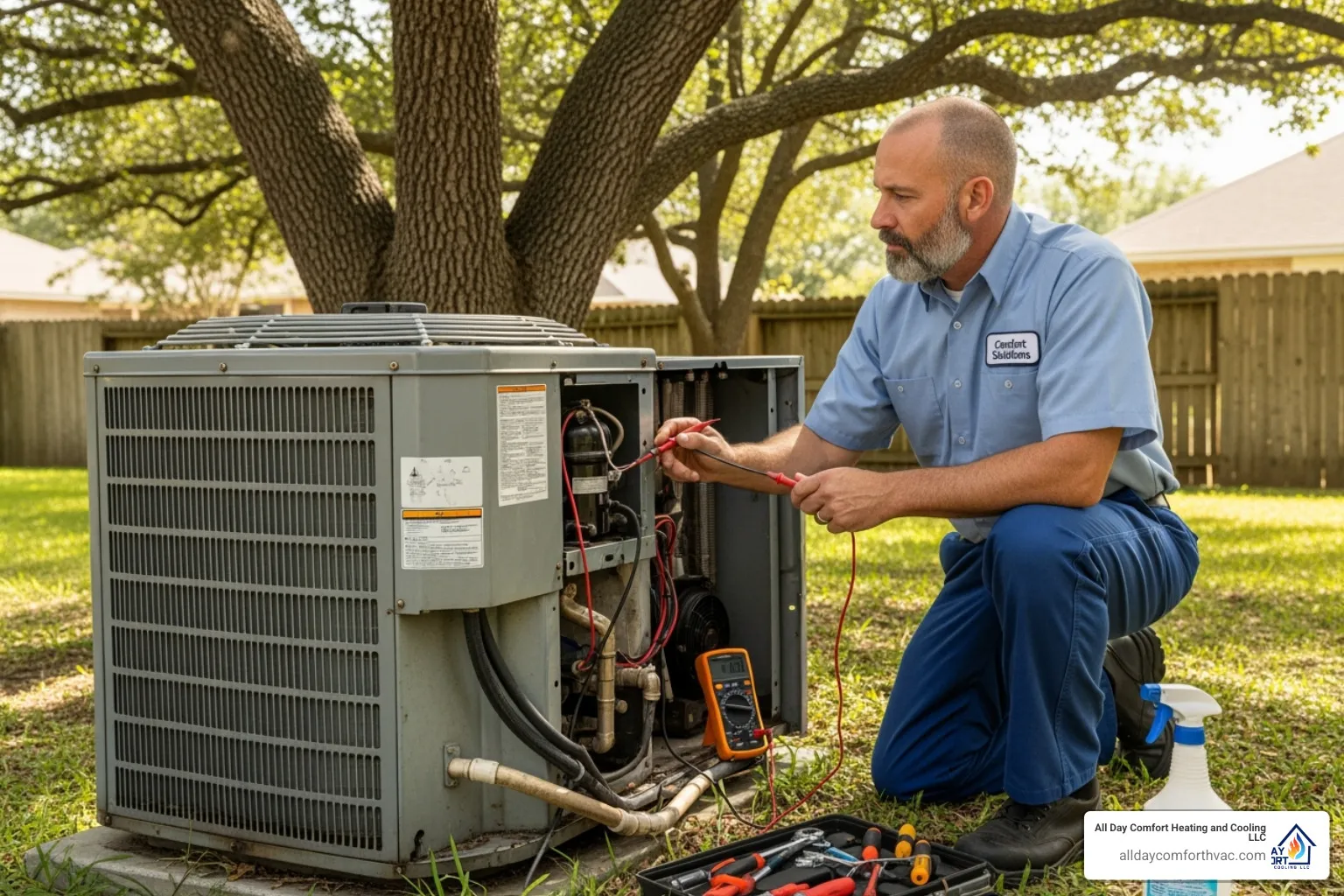 technician inspecting an old HVAC unit - heat pump install independence mo