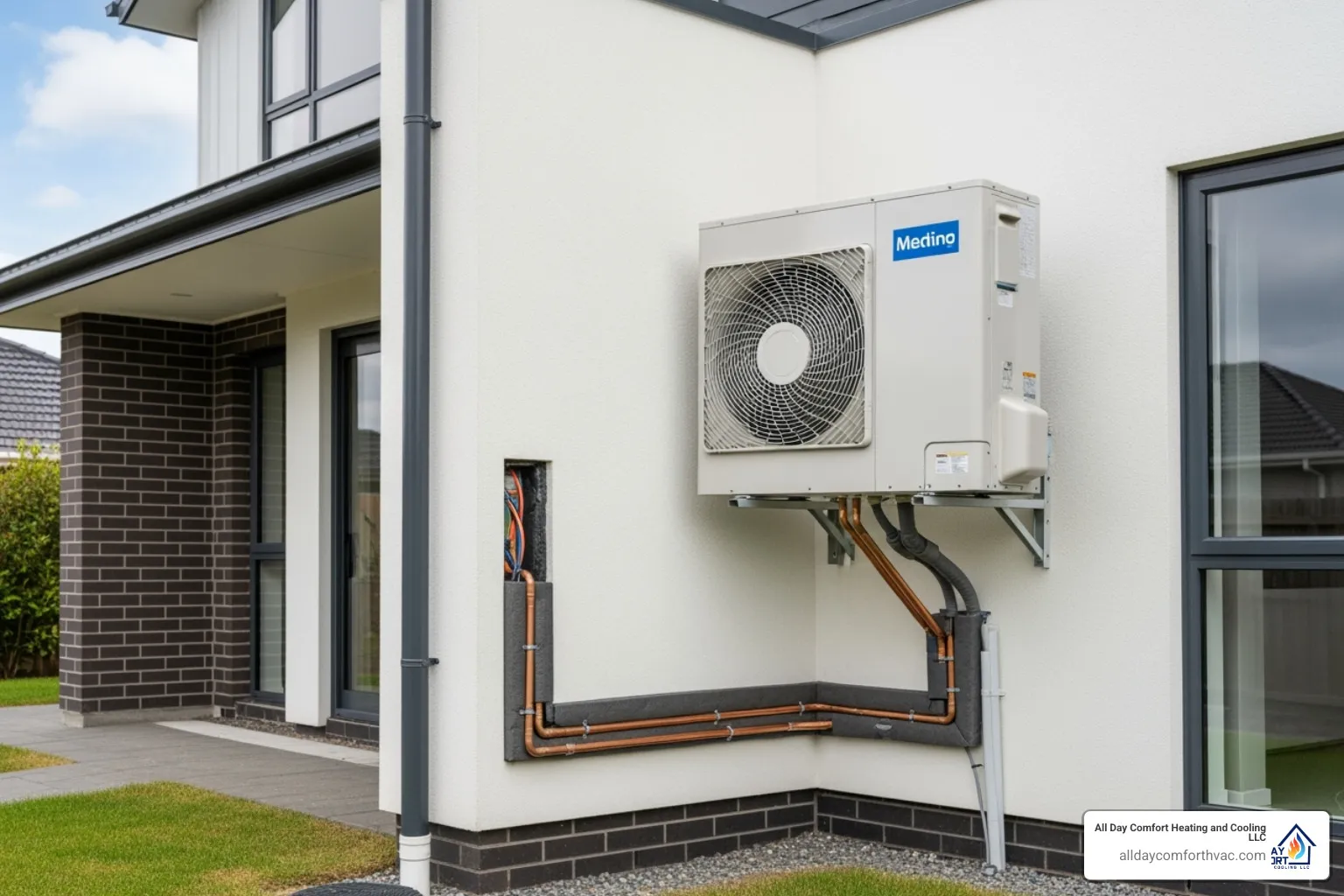 clean, professional heat pump installation on the side of a house - heat pump install independence mo