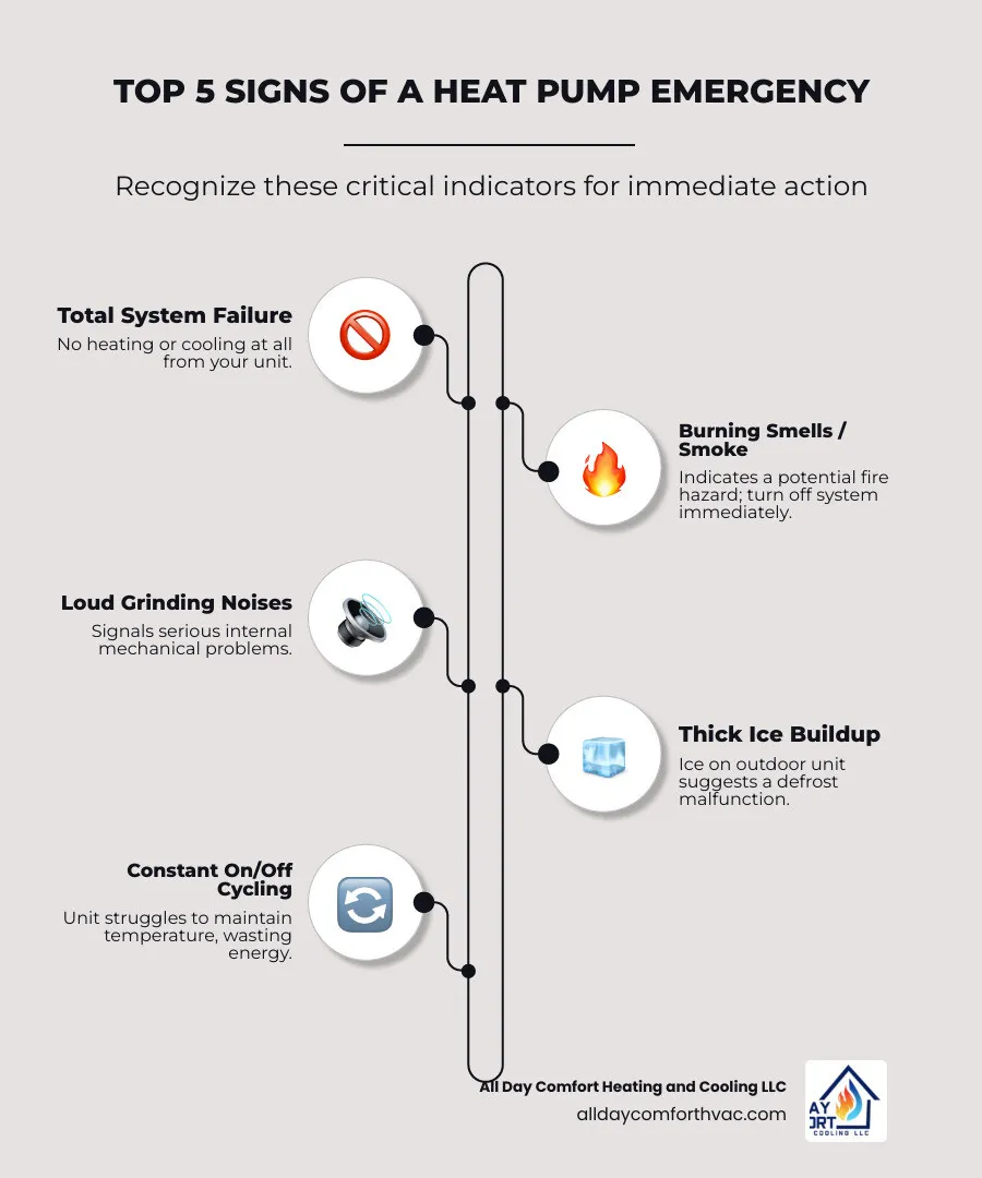 Infographic showing the top 5 signs of a heat pump emergency: complete system failure with no heating or cooling, burning electrical smells indicating fire hazard, loud grinding or screeching mechanical noises, thick ice buildup preventing proper operation, and constant on-off cycling wasting energy - emergency heat pump service independence infographic infographic-line-5-steps-neat_beige
