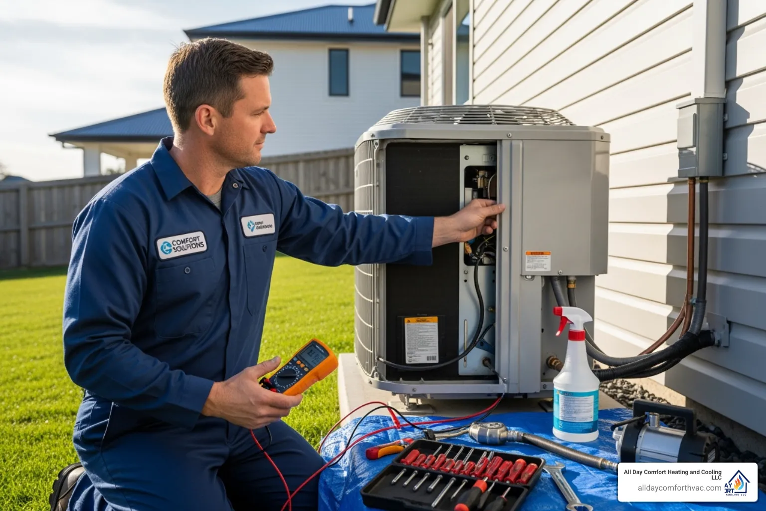 a technician performing maintenance on a heat pump - emergency heat pump service independence