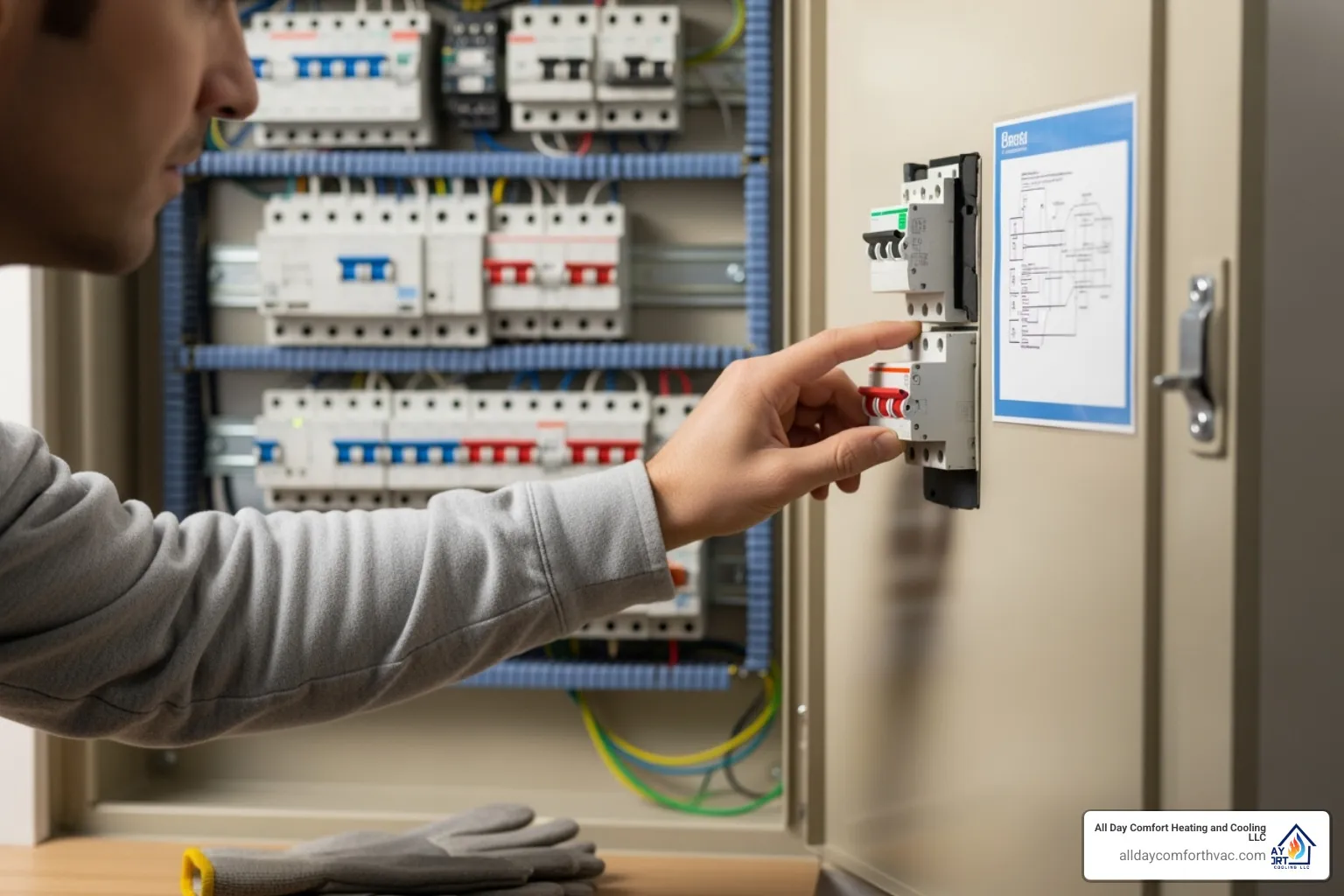 a homeowner safely turning off a circuit breaker - emergency heat pump service independence