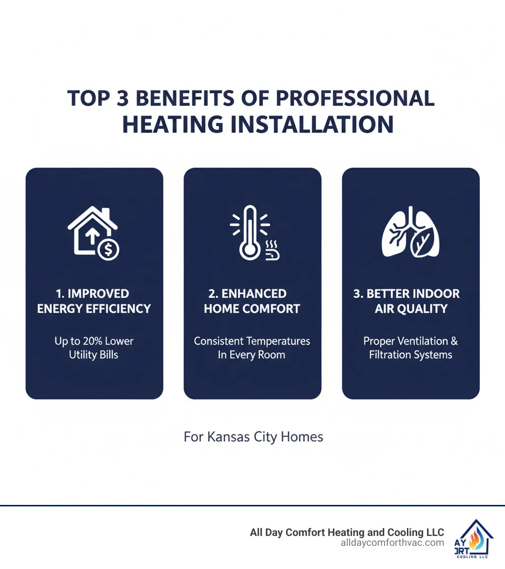 Infographic showing the top 3 benefits of professional heating installation: improved energy efficiency with up to 20% lower utility bills, improved home comfort with consistent temperatures in every room, and better indoor air quality through proper ventilation and filtration systems - hvac heating installation kansas city mo infographic 