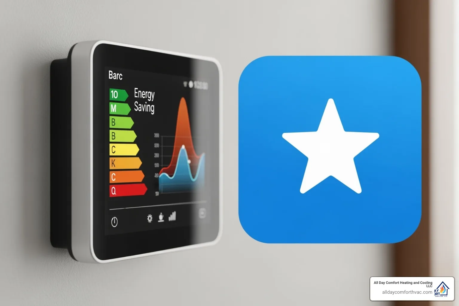 An ENERGY STAR logo prominently displayed next to a sleek smart thermostat, which shows energy savings data on its screen, symbolizing efficiency and modern home comfort. - hvac heating installation kansas city mo