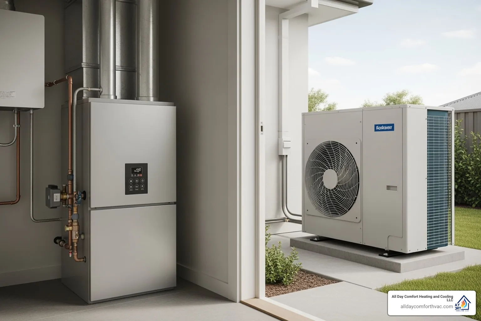 A modern high-efficiency furnace positioned next to an outdoor heat pump unit, both installed cleanly in a residential setting. - hvac heating installation kansas city mo