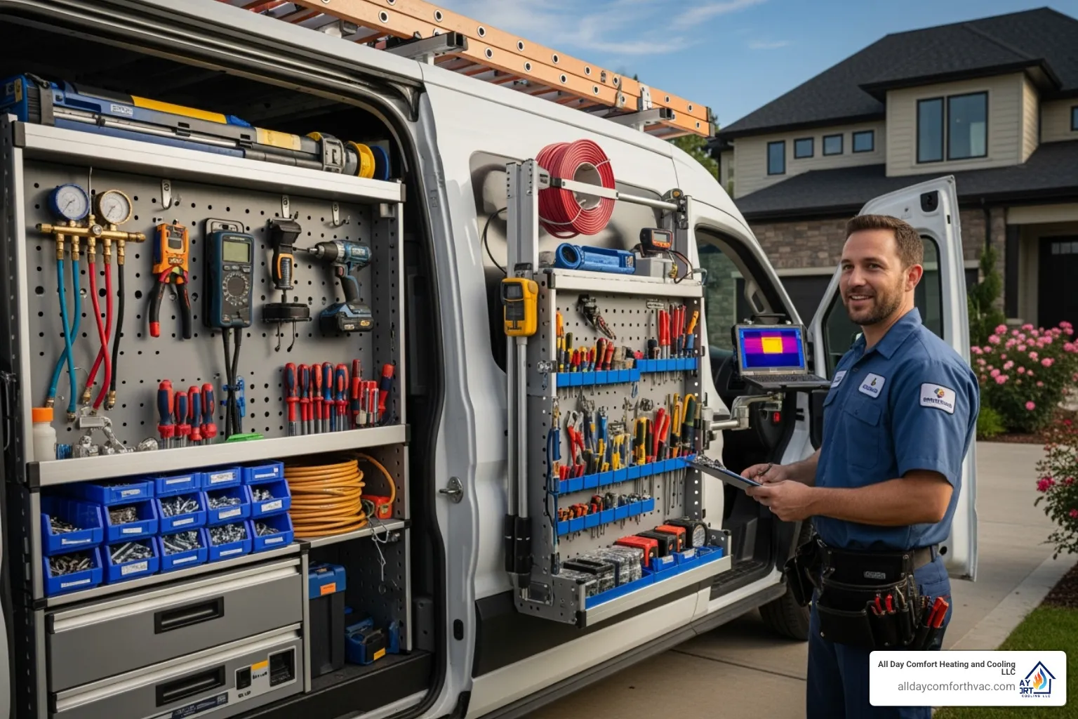 Technician standing next to a well-equipped service van, showcasing tools and diagnostic equipment for emergency HVAC repairs, emphasizing readiness for urgent service in Independence, MO.