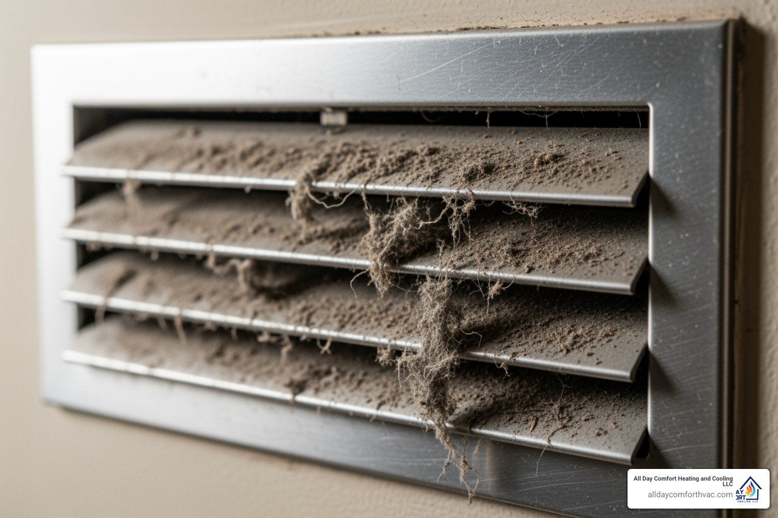 Excessive dust buildup on a metal vent cover, highlighting the need for air duct cleaning - duct cleaning service independence