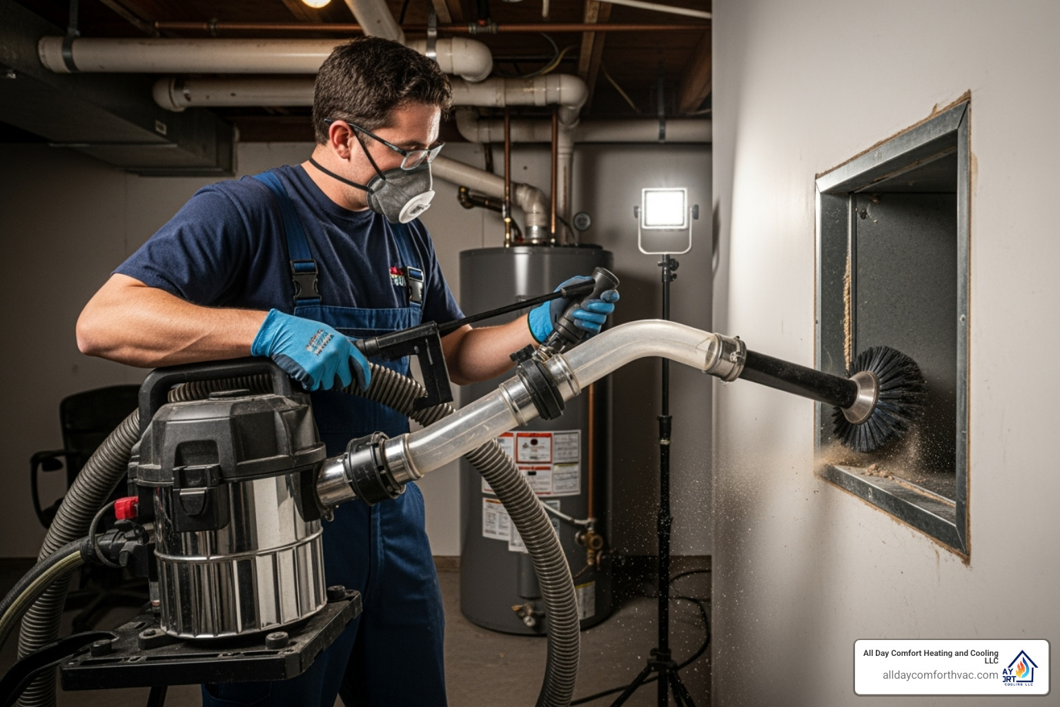 Professional duct cleaning equipment in use, with a technician operating a powerful vacuum and specialized tools to clean the interior of air ducts - duct cleaning service independence