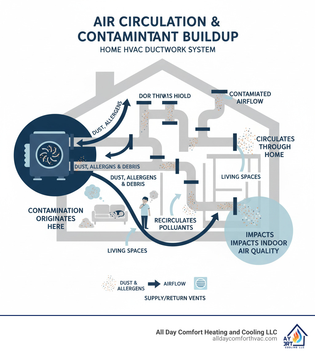 Detailed infographic showing how dust, allergens, and debris circulate through a home's HVAC ductwork system, with arrows indicating airflow patterns and contamination buildup in ducts, vents, and throughout living spaces - duct cleaning service independence infographic 