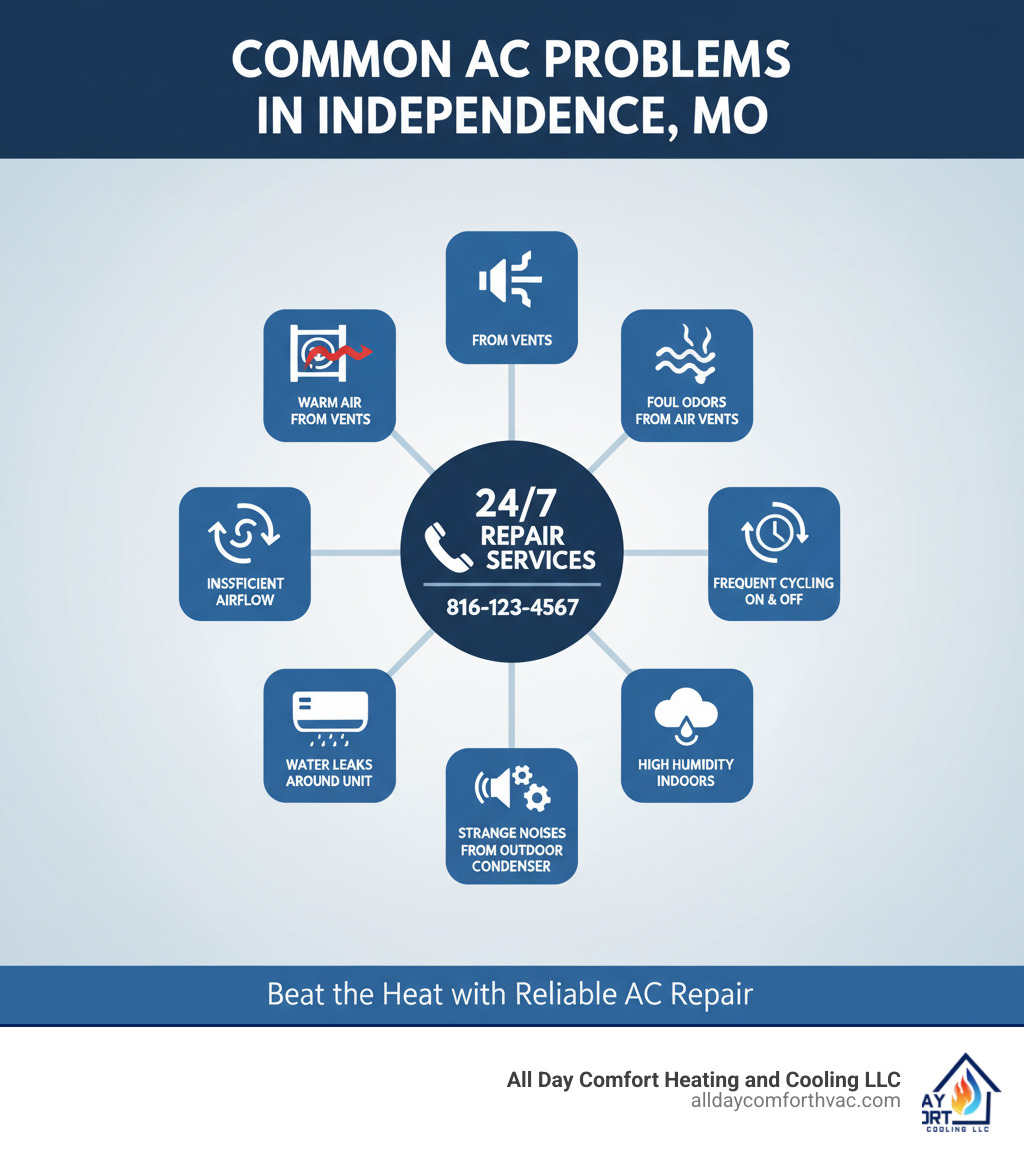 Comprehensive infographic showing common AC problems in Independence MO including warm air from vents, insufficient airflow, water leaks around unit, strange noises from outdoor condenser, high humidity indoors, foul odors from air vents, frequent cycling on and off, and emergency contact information for 24/7 repair services - ac repair independence mo infographic