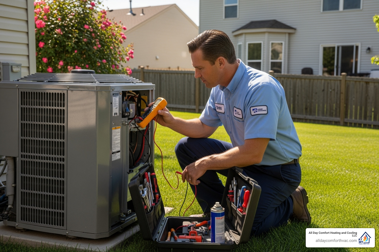Technician servicing an outdoor AC unit - ac repair independence mo