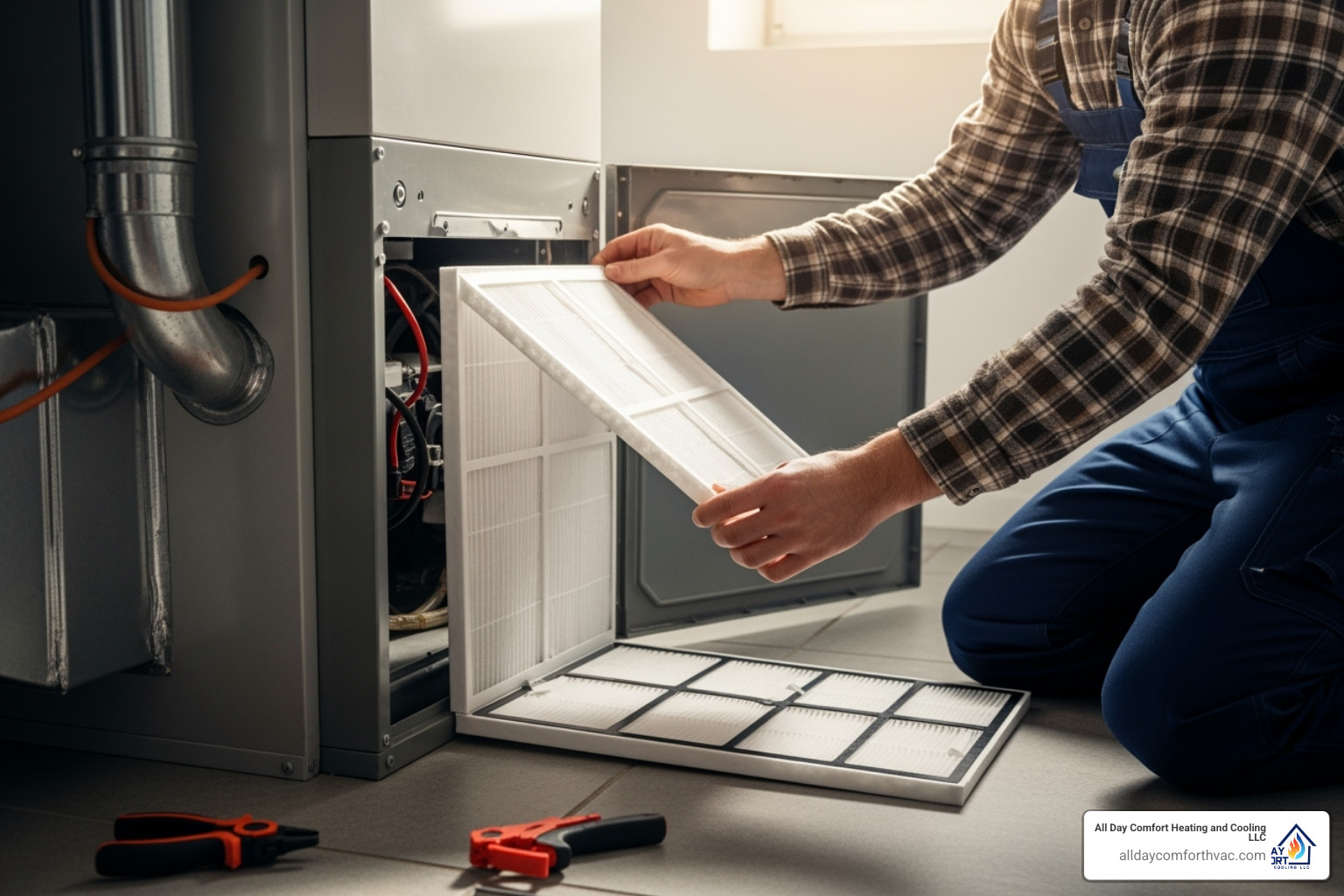 Homeowner changing a clean air filter - ac repair independence mo